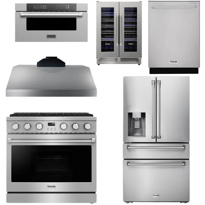 THOR Contemporary Package - 36" Gas Range, Range Hood, Refrigerator, Dishwasher, Microwave and Wine Cooler, THOR-AP-ARG36-A146
