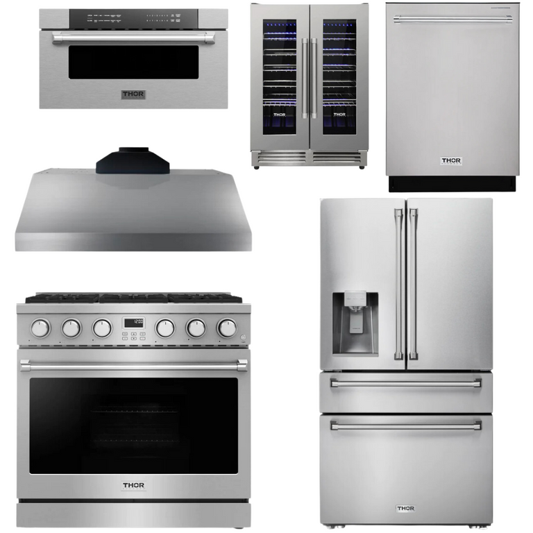 Thor Contemporary Package - 36" Gas Range, Range Hood, Refrigerator, Dishwasher, Microwave and Wine Cooler, Thor-AP-ARG36-A146