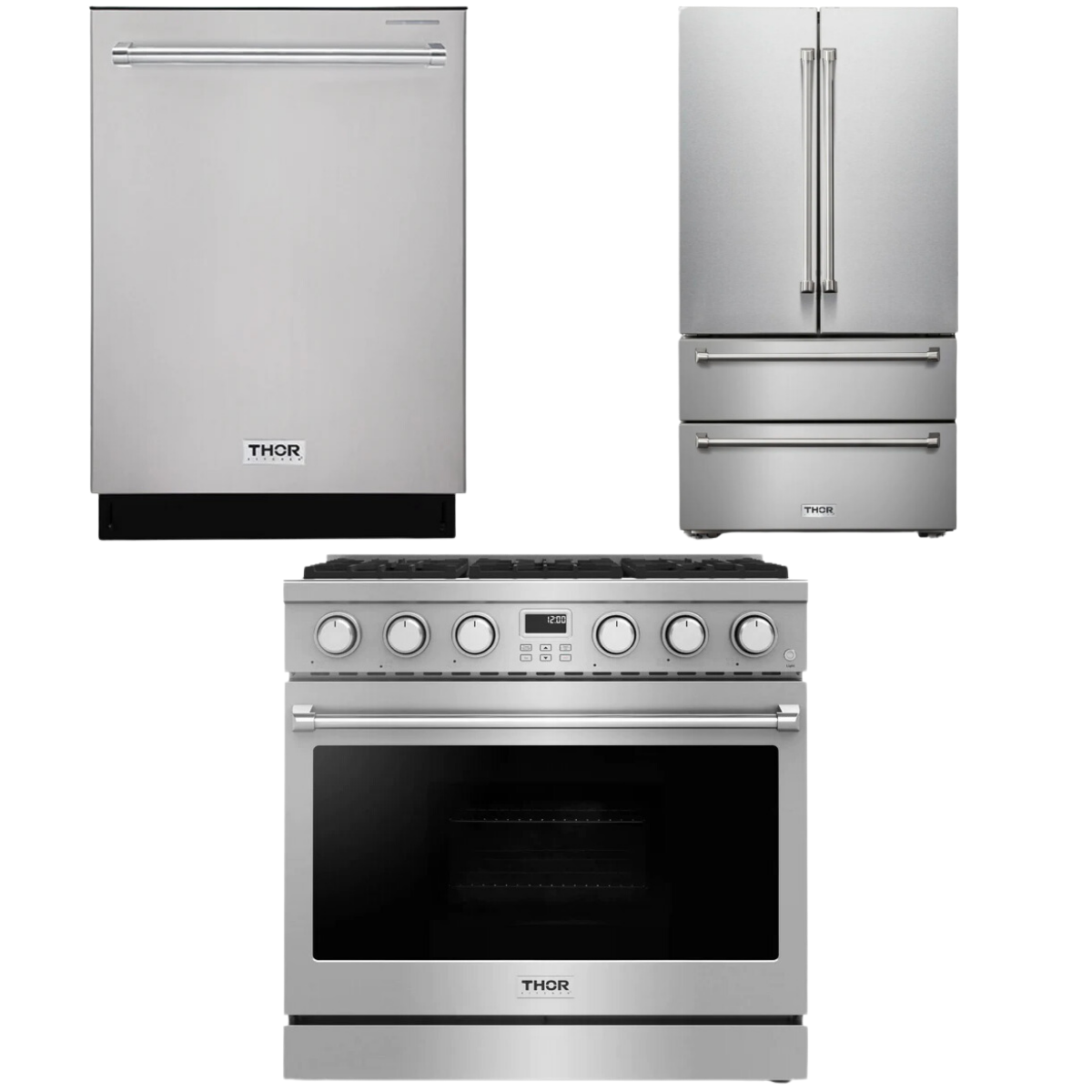 Thor Contemporary Package - 36" Gas Range, Refrigerator and Dishwasher, Thor-AP-ARG36-A25