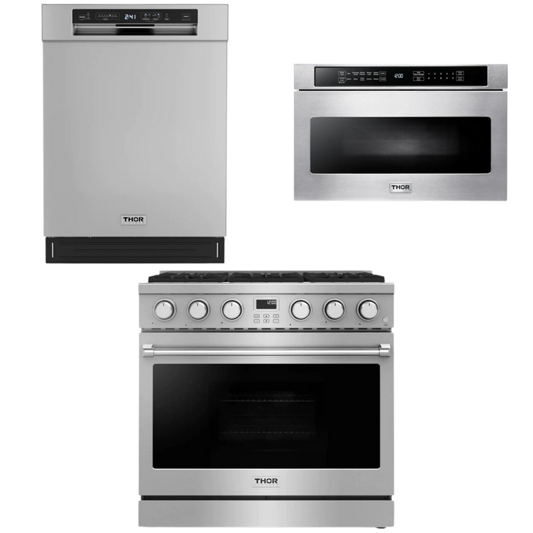 Thor Contemporary Package - 36" Gas Range, Dishwasher and Microwave, Thor-AP-ARG36-A28