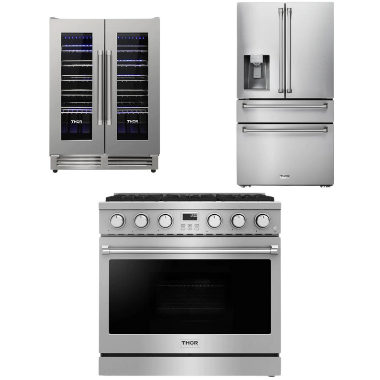 Thor Contemporary Package - 36" Gas Range, Refrigerator and Wine Cooler, Thor-AP-ARG36-A39