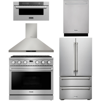 THOR Contemporary Package - 36" Gas Range, Range Hood, Refrigerator, Dishwasher and Microwave, THOR-AP-ARG36-A86