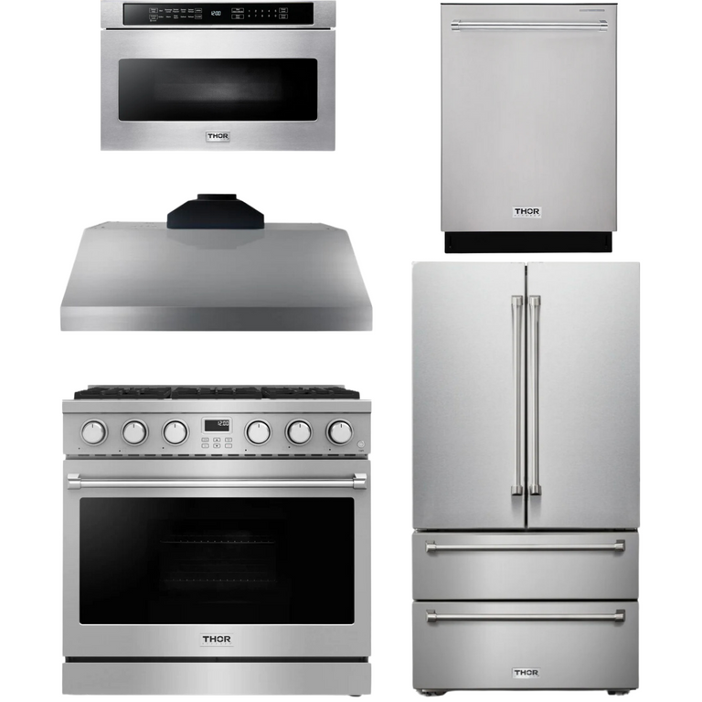 Thor Contemporary Package - 36" Gas Range, Range Hood, Refrigerator, Dishwasher and Microwave, Thor-AP-ARG36-A93