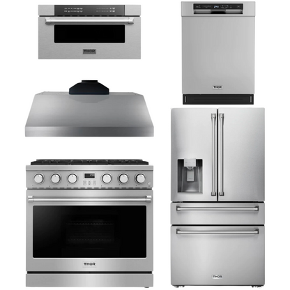 THOR Contemporary Package - 36" Gas Range, Range Hood, Refrigerator, Dishwasher and Microwave, THOR-AP-ARG36-A96