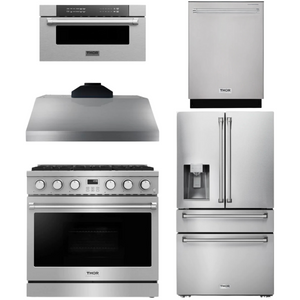 THOR Contemporary Package - 36" Gas Range, Range Hood, Refrigerator, Dishwasher and Microwave, THOR-AP-ARG36-A98