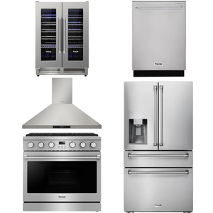 THOR Contemporary Package - 36" Gas Range, Range Hood, Refrigerator, Dishwasher and Wine Cooler, THOR-AP-ARG36LP-B102