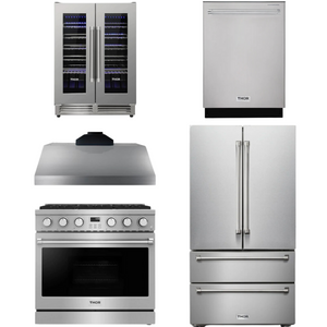 THOR Contemporary Package - 36" Gas Range, Range Hood, Refrigerator, Dishwasher and Wine Cooler, THOR-AP-ARG36LP-B104