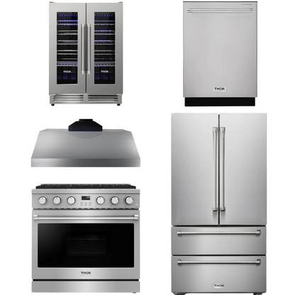 THOR Contemporary Package - 36" Gas Range, Range Hood, Refrigerator, Dishwasher and Wine Cooler, THOR-AP-ARG36LP-B104