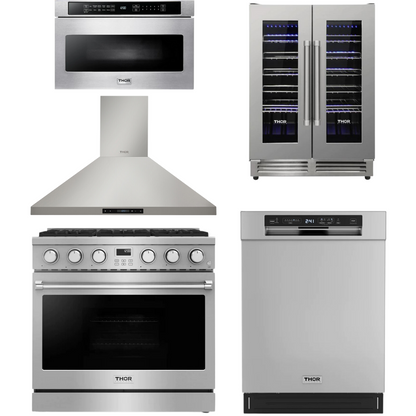 THOR Contemporary Package - 36" Gas Range, Range Hood, Dishwasher, Microwave and Wine Cooler, THOR-AP-ARG36LP-B107