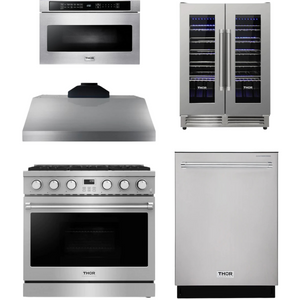 THOR Contemporary Package - 36" Gas Range, Range Hood, Dishwasher, Microwave and Wine Cooler, THOR-AP-ARG36LP-B113
