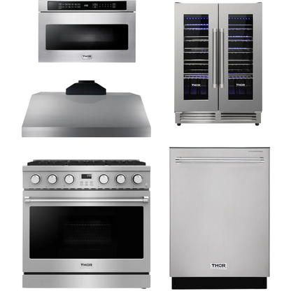 THOR Contemporary Package - 36" Gas Range, Range Hood, Dishwasher, Microwave and Wine Cooler, THOR-AP-ARG36LP-B113