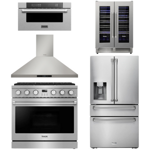 THOR Contemporary Package - 36" Gas Range, Range Hood, Refrigerator, Microwave and Wine Cooler, THOR-AP-ARG36LP-B118