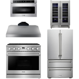 THOR Contemporary Package - 36" Gas Range, Range Hood, Refrigerator, Microwave and Wine Cooler, THOR-AP-ARG36LP-B119