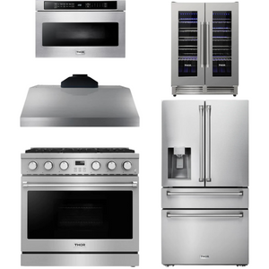 THOR Contemporary Package - 36" Gas Range, Range Hood, Refrigerator, Microwave and Wine Cooler, THOR-AP-ARG36LP-B121