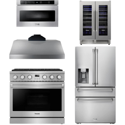 THOR Contemporary Package - 36" Gas Range, Range Hood, Refrigerator, Microwave and Wine Cooler, THOR-AP-ARG36LP-B121