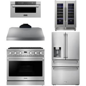 THOR Contemporary Package - 36" Gas Range, Range Hood, Refrigerator, Microwave and Wine Cooler, THOR-AP-ARG36LP-B122