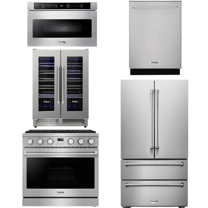 THOR Contemporary Package - 36" Gas Range, Refrigerator, Dishwasher, Microwave and Wine Cooler, THOR-AP-ARG36LP-B125