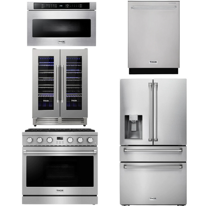 THOR Contemporary Package - 36" Gas Range, Refrigerator, Dishwasher, Microwave and Wine Cooler, THOR-AP-ARG36LP-B129