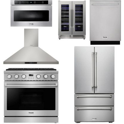 THOR Contemporary Package - 36" Gas Range, Range Hood, Refrigerator, Dishwasher, Microwave and Wine Cooler, THOR-AP-ARG36LP-B133