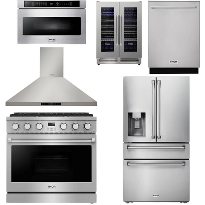 THOR Contemporary Package - 36" Gas Range, Range Hood, Refrigerator, Dishwasher, Microwave and Wine Cooler, THOR-AP-ARG36LP-B137