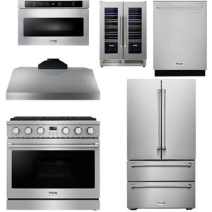THOR Contemporary Package - 36" Gas Range, Range Hood, Refrigerator, Dishwasher, Microwave and Wine Cooler, THOR-AP-ARG36LP-B141