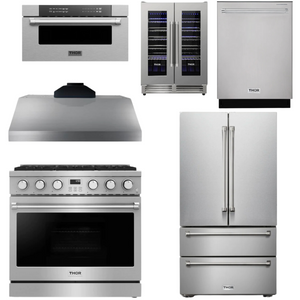 THOR Contemporary Package - 36" Gas Range, Range Hood, Refrigerator, Dishwasher, Microwave and Wine Cooler, THOR-AP-ARG36LP-B142