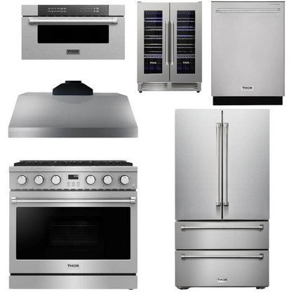 THOR Contemporary Package - 36" Gas Range, Range Hood, Refrigerator, Dishwasher, Microwave and Wine Cooler, THOR-AP-ARG36LP-B142