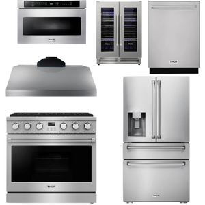 THOR Contemporary Package - 36" Gas Range, Range Hood, Refrigerator, Dishwasher, Microwave and Wine Cooler, THOR-AP-ARG36LP-B145