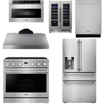 THOR Contemporary Package - 36" Gas Range, Range Hood, Refrigerator, Dishwasher, Microwave and Wine Cooler, THOR-AP-ARG36LP-B145