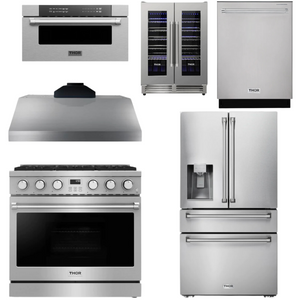THOR Contemporary Package - 36" Gas Range, Range Hood, Refrigerator, Dishwasher, Microwave and Wine Cooler, THOR-AP-ARG36LP-B146