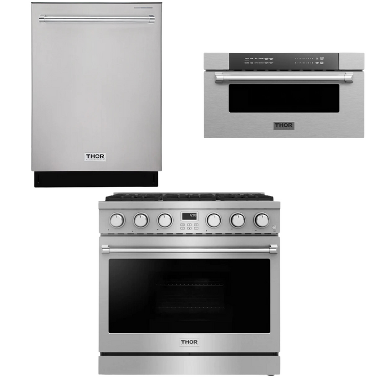 Thor Contemporary Package - 36" Gas Range, Dishwasher and Microwave, Thor-AP-ARG36LP-B31