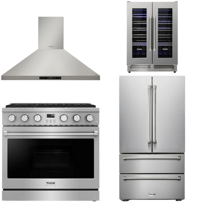 THOR Contemporary Package - 36" Gas Range, Range Hood, Refrigerator and Wine Cooler, THOR-AP-ARG36LP-B68