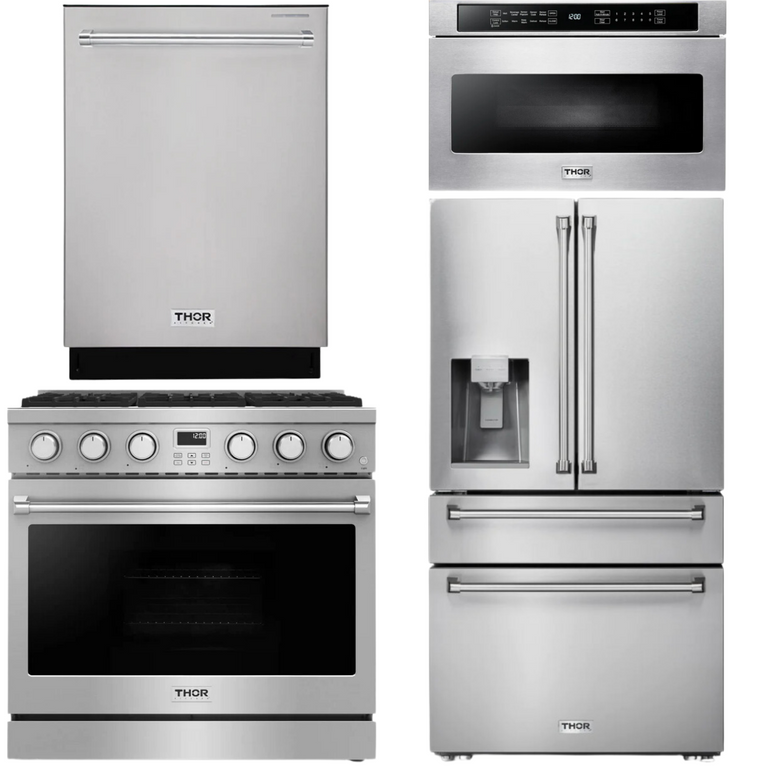 Thor Contemporary Package - 36" Gas Range, Refrigerator, Dishwasher and Microwave, Thor-AP-ARG36LP-B78