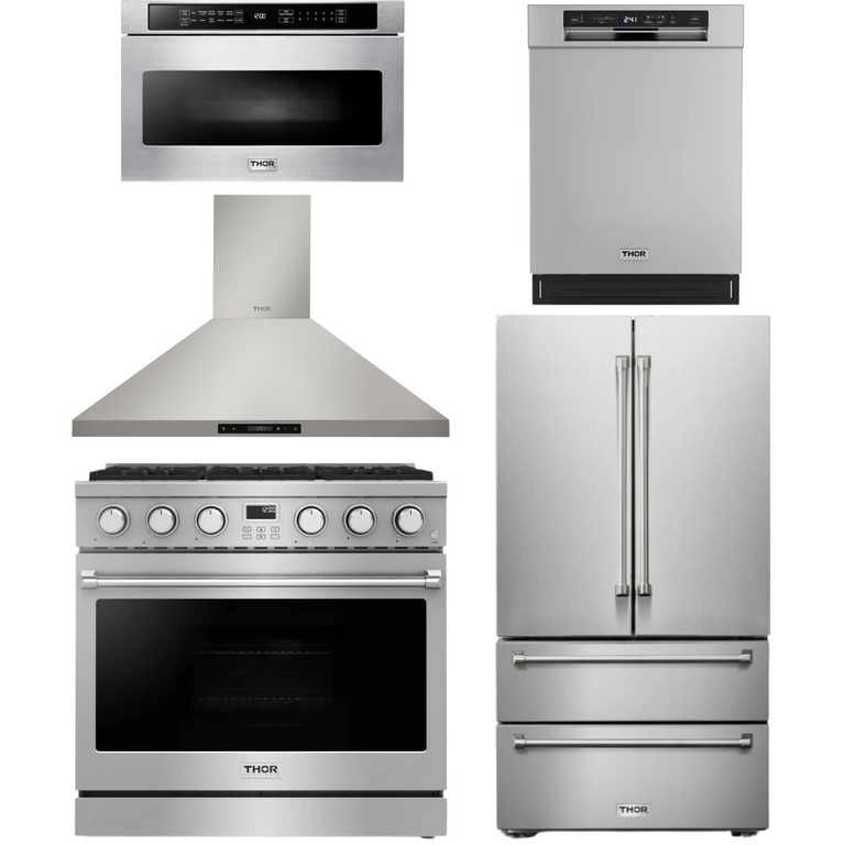 Thor Contemporary Package - 36" Gas Range, Range Hood, Refrigerator, Dishwasher and Microwave, Thor-AP-ARG36LP-B83