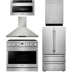 THOR Contemporary Package - 36" Gas Range, Range Hood, Refrigerator, Dishwasher and Microwave, THOR-AP-ARG36LP-B85