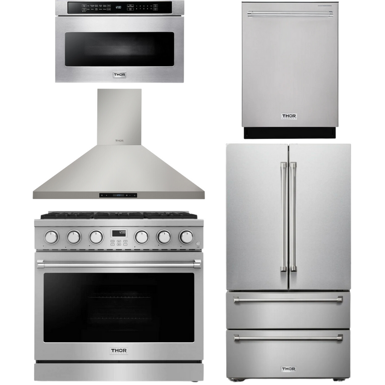 Thor Contemporary Package - 36" Gas Range, Range Hood, Refrigerator, Dishwasher and Microwave, Thor-AP-ARG36LP-B85