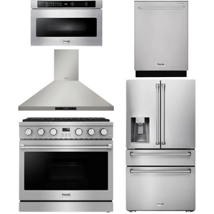 THOR Contemporary Package - 36" Gas Range, Range Hood, Refrigerator, Dishwasher and Microwave, THOR-AP-ARG36LP-B89