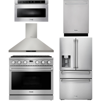 THOR Contemporary Package - 36" Gas Range, Range Hood, Refrigerator, Dishwasher and Microwave, THOR-AP-ARG36LP-B89