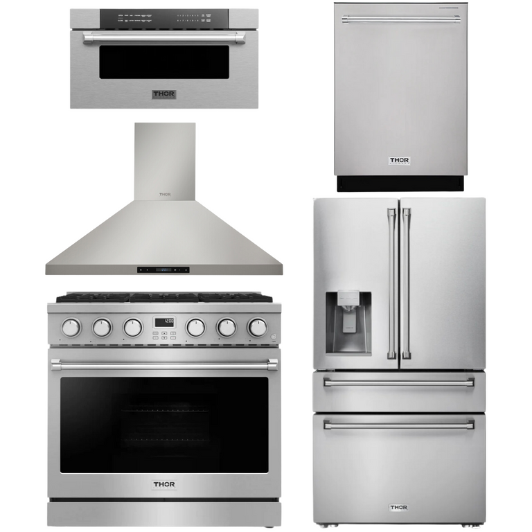 Thor Contemporary Package - 36" Gas Range, Range Hood, Refrigerator, Dishwasher and Microwave, Thor-AP-ARG36LP-B90