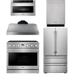 THOR Contemporary Package - 36" Gas Range, Range Hood, Refrigerator, Dishwasher and Microwave, THOR-AP-ARG36LP-B93