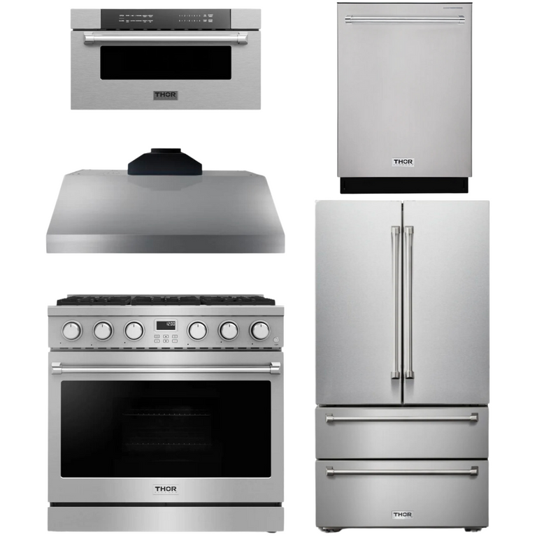 Thor Contemporary Package - 36" Gas Range, Range Hood, Refrigerator, Dishwasher and Microwave, Thor-AP-ARG36LP-B94