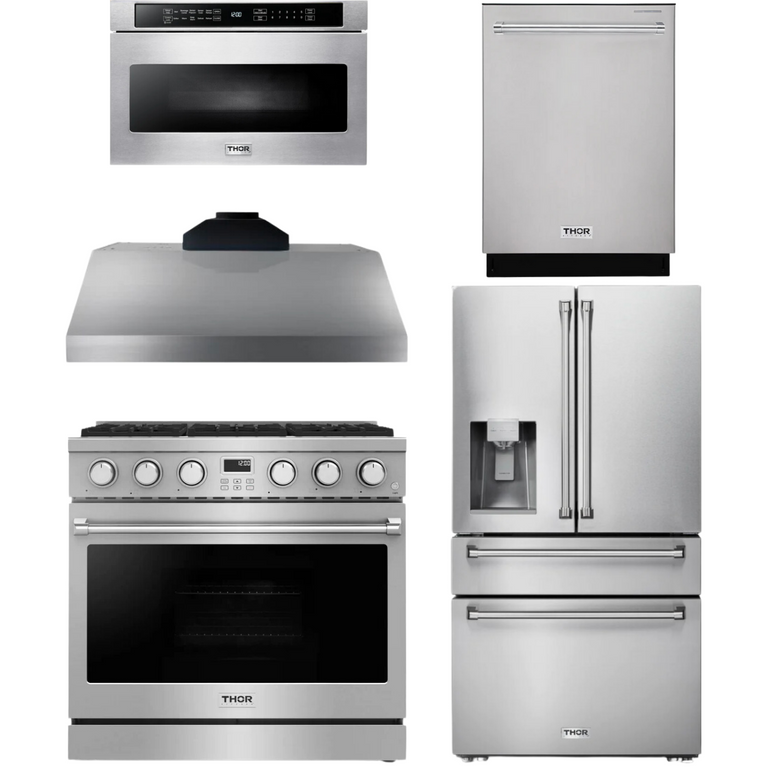 Thor Contemporary Package - 36" Gas Range, Range Hood, Refrigerator, Dishwasher and Microwave, Thor-AP-ARG36LP-B97