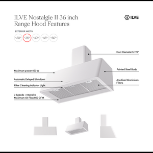ILVE Nostalgie II 36-Inch Chimney Wall-Mount Ducted Range Hood, 600 CFM, Glossy Black, UAG36BK