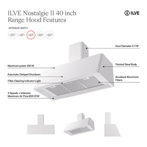 ILVE Nostalgie II 40-Inch Chimney Wall-Mount Ducted Range Hood, 600 CFM, Antique White, UAG40AW
