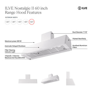 ILVE Nostalgie II 60-Inch Chimney Wall-Mount Ducted Range Hood, 850 CFM, Antique White, UAG60AW