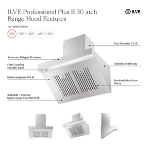 ILVE Professional Plus II 30-Inch Chimney Wall-Mount Ducted Range Hood, 600 CFM, Stainless Steel, UAGQ30SS