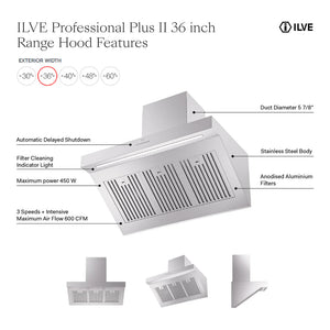 ILVE Professional Plus II 36-Inch Chimney Wall-Mount Ducted Range Hood, 600 CFM, Stainless Steel, UAGQ36SS