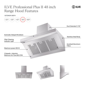 ILVE Professional Plus II 48-Inch Chimney Wall-Mount Ducted Range Hood, 600 CFM, Stainless Steel, UAGQ48SS