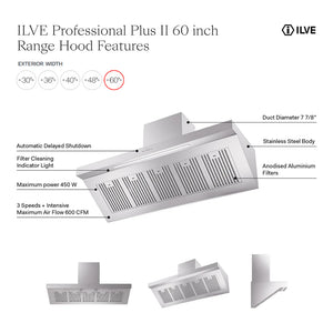 ILVE Professional Plus II 60-Inch Chimney Wall-Mount Ducted Range Hood, 600 CFM, Stainless Steel, UAGQ60SS