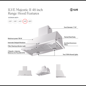 ILVE Majestic II 48-Inch Chimney Wall-Mount Ducted Range Hood, 850 CFM, RAL, UAM120RA